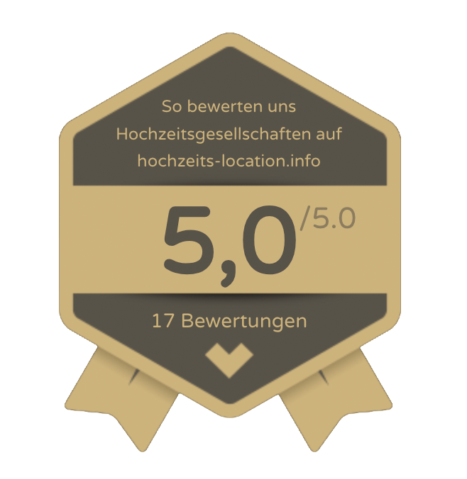 Goldabzeichen mit einer Bewertung von 5,0/5,0 basierend auf 17 Bewertungen von hochzeits-location.info – ideal für Ihre Privatfeier oder als Veranstaltungsort mit optionaler Übernachtung.